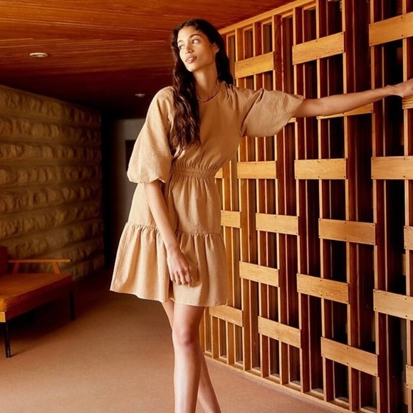 Madewell Seersucker Puff-Sleeve Cutout Mini Dress, NWT M - Picture 2 of 7